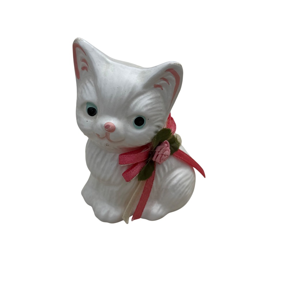 Vintage‎ White Kitten Figurine Ceramic Cat with Pink Ribbon Bow Decor